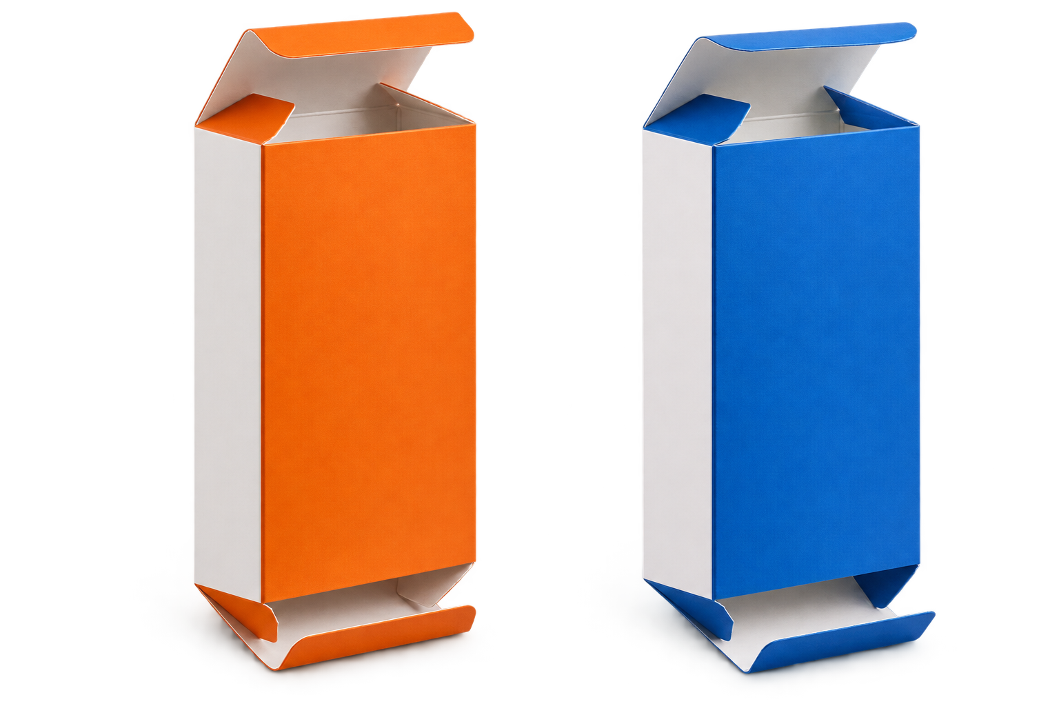 Straight tuck end and reverse tuck end folding cartons shown side by side